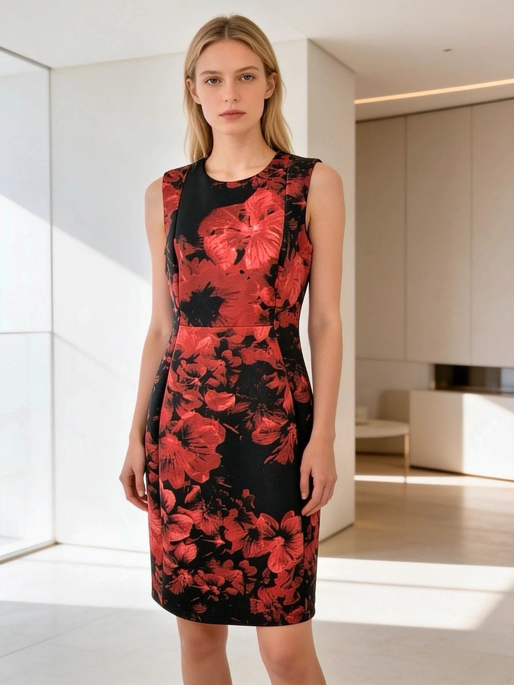 NWT Calvin Klein Red & Black Floral Sheath Mini Dress Size 4